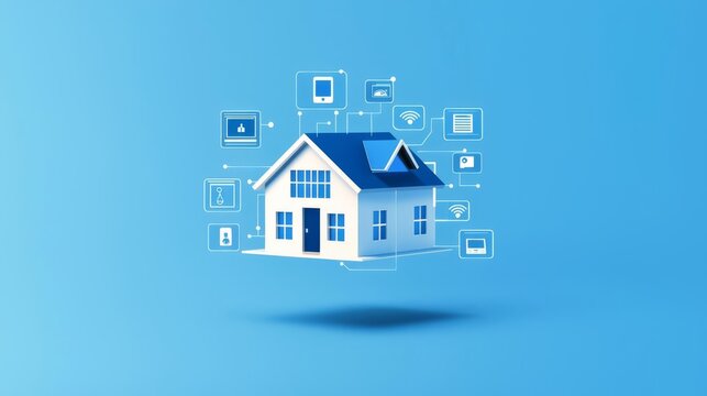 A modern smart home concept featuring digital technology icons, illustrating innovative living solutions.