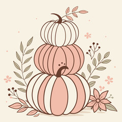 Stack of pumpkins in pastel colors with floral decoration