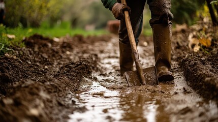 A person is digging in muddy ground with a shovel