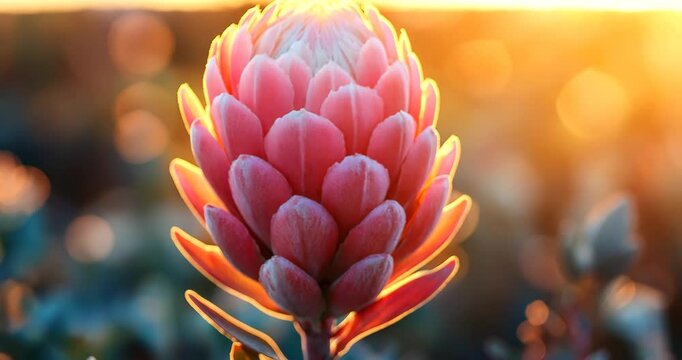 Static close-up shot: A single pink protea flower in bloom, backlit by the setting sun.