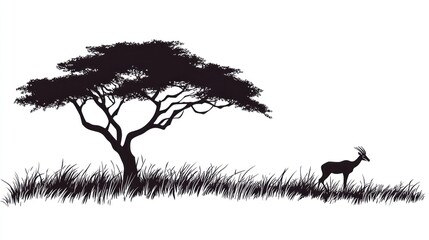 African Savanna Silhouette, Tree, Antelope, Grass, Illustration, Nature, Wilderness, Landscape, Stock