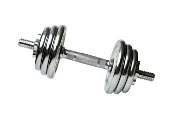 Fototapeta premium A horizontally floating dumbbell with a chrome finish, on a solid white background