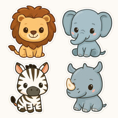 Adorable cartoon illustration featuring four African animals: lion, elephant, zebra and rhinoceros, all smiling and friendly, perfect for children&rsquo;s designs, educational and creative projects