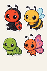 Fototapeta premium Adorable cartoon illustration featuring four colorful insect characters: ladybug, bee, caterpillar and butterfly, all smiling and friendly, ideal for children’s designs, learning and creative projects