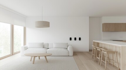 Modern open-plan living area with minimalist style.  Natural light floods the space, featuring a white sofa, wooden coffee table, and kitchen bar.  Simple,