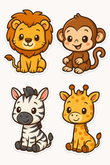 Obraz premium Adorable cartoon illustration featuring four baby animals: lion, monkey, zebra and giraffe, all with happy and friendly expressions, perfect for children’s designs and educational materials