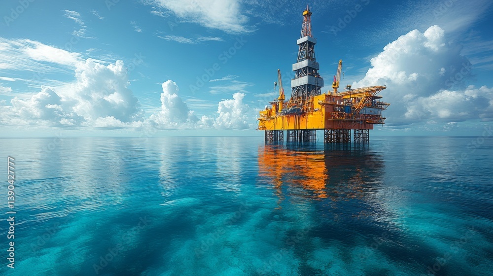 Poster an offshore oil rig drills in calm blue waters under a clear sky with fluffy clouds, showcasing adva
