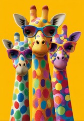 Three colorful giraffes in sunglasses. Fun animals, summer style, friendship, colorfulness, celebration and party, positive energy, sunglasses, wild animals with character