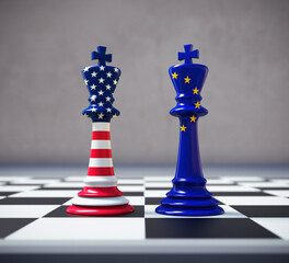 Chess king with USA and European flag - import export trade war tariff concept - 3D illustration