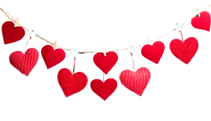 valentine hearts in a row on transparent background
