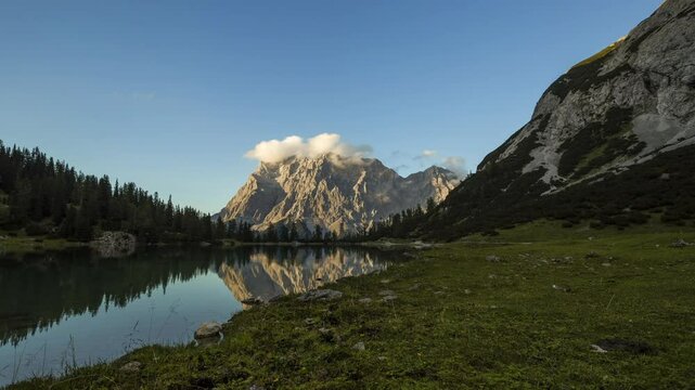 Time lapse of high mountain lake Seebensee and Zugspitze mountain in Tyrol, Austria, high definition clip