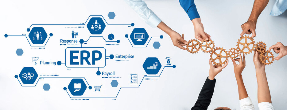 This image illustrates teamwork in business strategy for enterprise resource management, featuring hands connecting gears and workflow icons to signify collaboration and efficiency. Amity