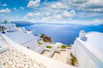 traditional greek stairs in village Oia of Santorini typical scenery