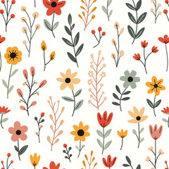 Flower and leaf seamless patterns in doodle-style tile designs with graphic format.