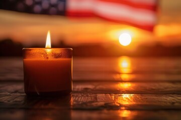 Patriotic Reflection with Candle Flame and American Flag at Sunset