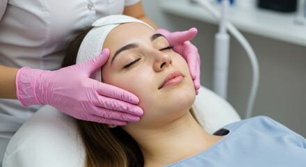 Woman receiving a facial massage with pink gloves in a spa for skincare treatment and relaxation