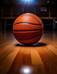 Fototapeta premium A basketball rests on a smooth wooden court, lit by spotlights during evening practice.