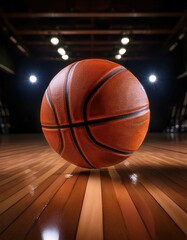 Obraz premium A basketball glides on the polished floor under bright arena lights, showcasing athleticism.
