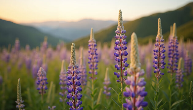 Vibrant purple flowers blooming in a green mountain landscape
