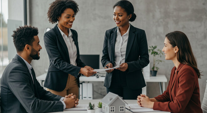 A diverse team of real estate agents confidently presents a new home opportunity to excited clients, showcasing professionalism and partnership in a modern office setting.