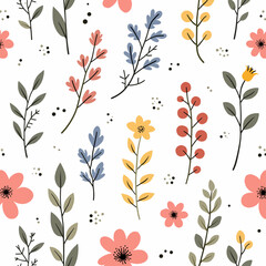 Flower and leaf seamless patterns in doodle-style tile designs with graphic format.