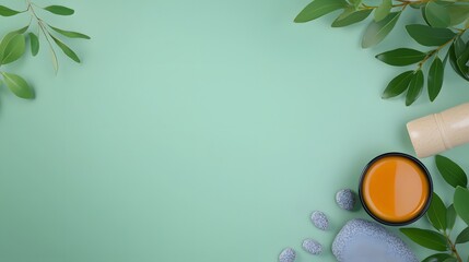 Serene spa treatment scene featu natural elements like smooth grey stones, vibrant green leaves, and a small bowl of amber aromatherapy oil on a tranquil mint green background