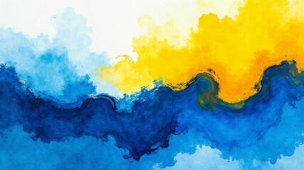 Obraz premium Abstract swirling blue and yellow watercolor waves on white background.