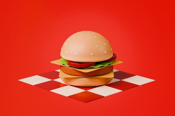 3d Hamburger icon. American street fast food. Floating burger. Burger with beef and vegetables. Minimal Cartoon Delicious Burger meal creative design icon isolated on red tasty background. 3d render.