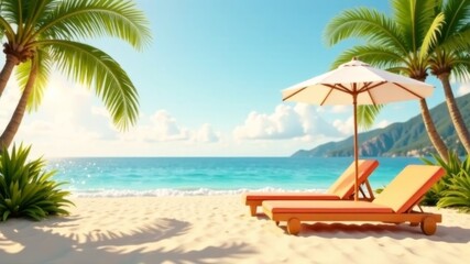 Tropical beach scene with sun loungers and umbrella under palm trees.