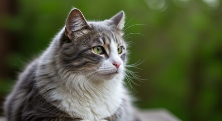 A fluffy grey and white cat looking to the side with a green blurred background in soft focus