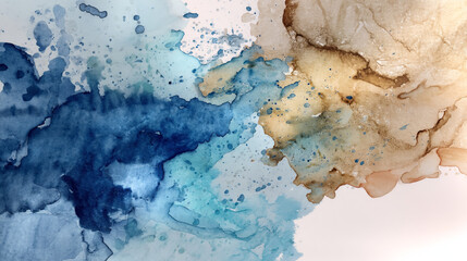 Fototapeta premium Abstract watercolor painting featuring fluid blending of blue and beige tones on a white background