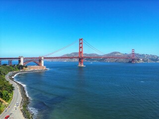 Fototapeta premium Drone view of the Golden Gate Bridge and Fort Point in San Francisco, California