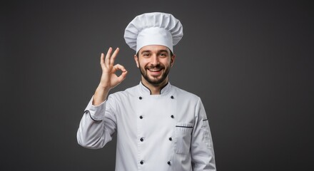 Naklejka premium A smiling chef in uniform making an ok sign against a gray background looking at the camera