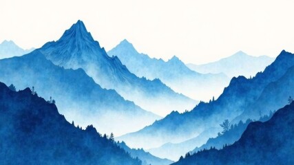 Illustration of blue mountains in the fog, art, white background,