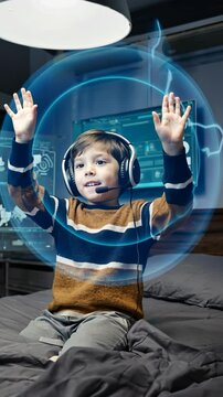 Young boy engages in immersive virtual gaming experience with futuristic headset in a cozy bedroom setting