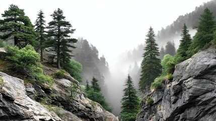 Obraz premium Layout Overlay Transparent Misty Forest Landscape with Rocky Terrain and Pines