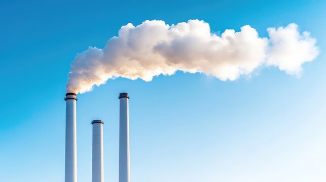 Industrial smokestacks emitting white smoke into clear blue sky, environmental pollution concept, three tall chimneys in a row, and daytime setting.