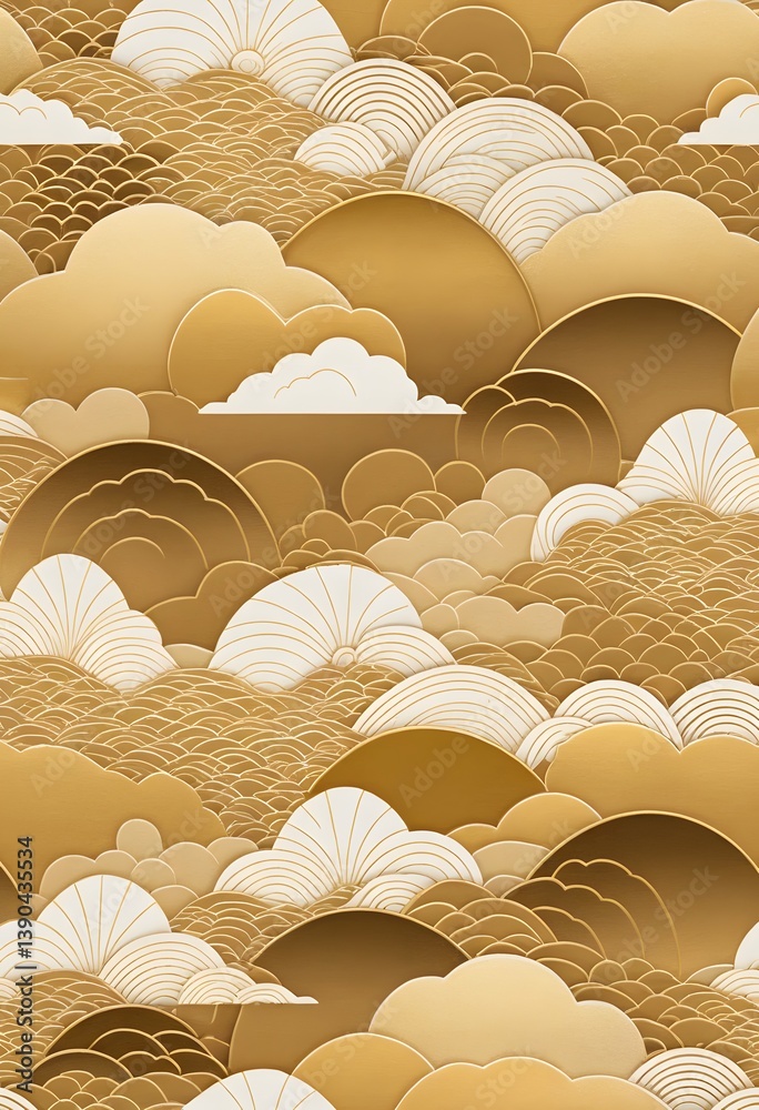 Poster Golden Japanese Texture, Elegant Design. Warm, Cloud-like Shapes, Star Patterns Create Depth. Gentle Waves, Intricate Motifs. Classic Art Inspiration