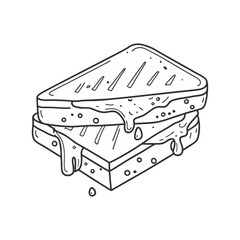Grilled cheese sandwich with melted filling oozing out in a tasty, minimalist vector line style.
