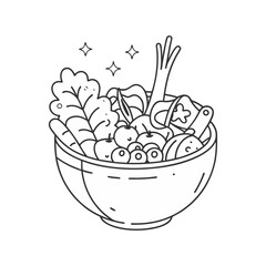 Fresh vegetable and fruit salad bowl with sparkles in a clean, healthy minimalist vector line style.