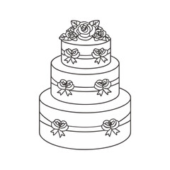 Elegant three-tier wedding cake with floral decorations and ribbons in a clean, minimalist vector line style.