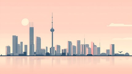 Obraz premium Pink sunrise over city skyline reflection.