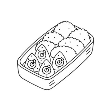 recommend clip art: Vector illustration of a Japanese bento box with rice balls and rolled omelets, showcasing a traditional, minimal food design.