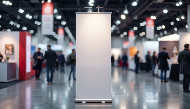 Professional pop-up banner mockup displayed at trade show, branding