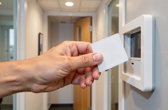 Hand using access card on security card reader in modern office  
