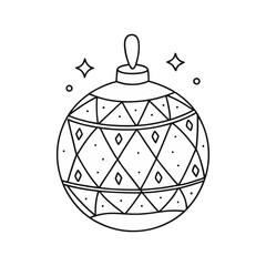 Fototapeta premium Christmas ornament ball vector with geometric diamond pattern and sparkles in clean black and white line art style