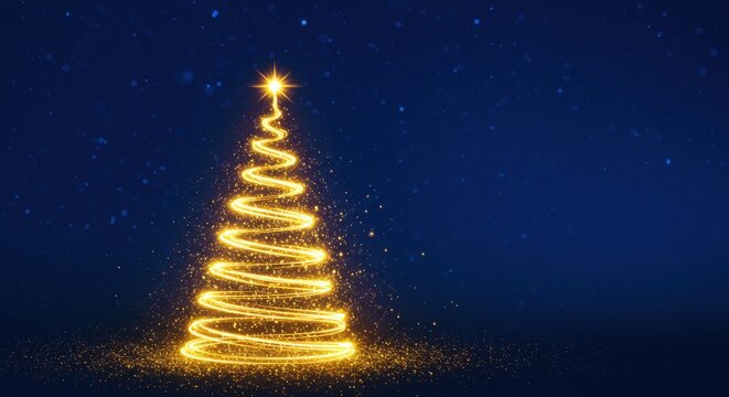 A christmas tree made of golden light on a dark blue background with sparkling particles around it