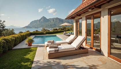 Luxurious lounge chairs by pool overlooking mountains, serene escape