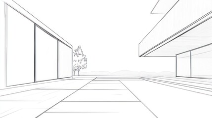 Obraz premium Modern Architectural Sketch of a Courtyard with Pool