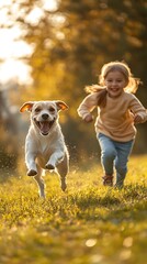 Fototapeta premium Child and dog is running on the grass. Happy pet